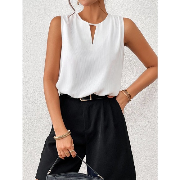 WILA Tops - minimalist business casual Keyhole Neckline Sleeveless Blouse white